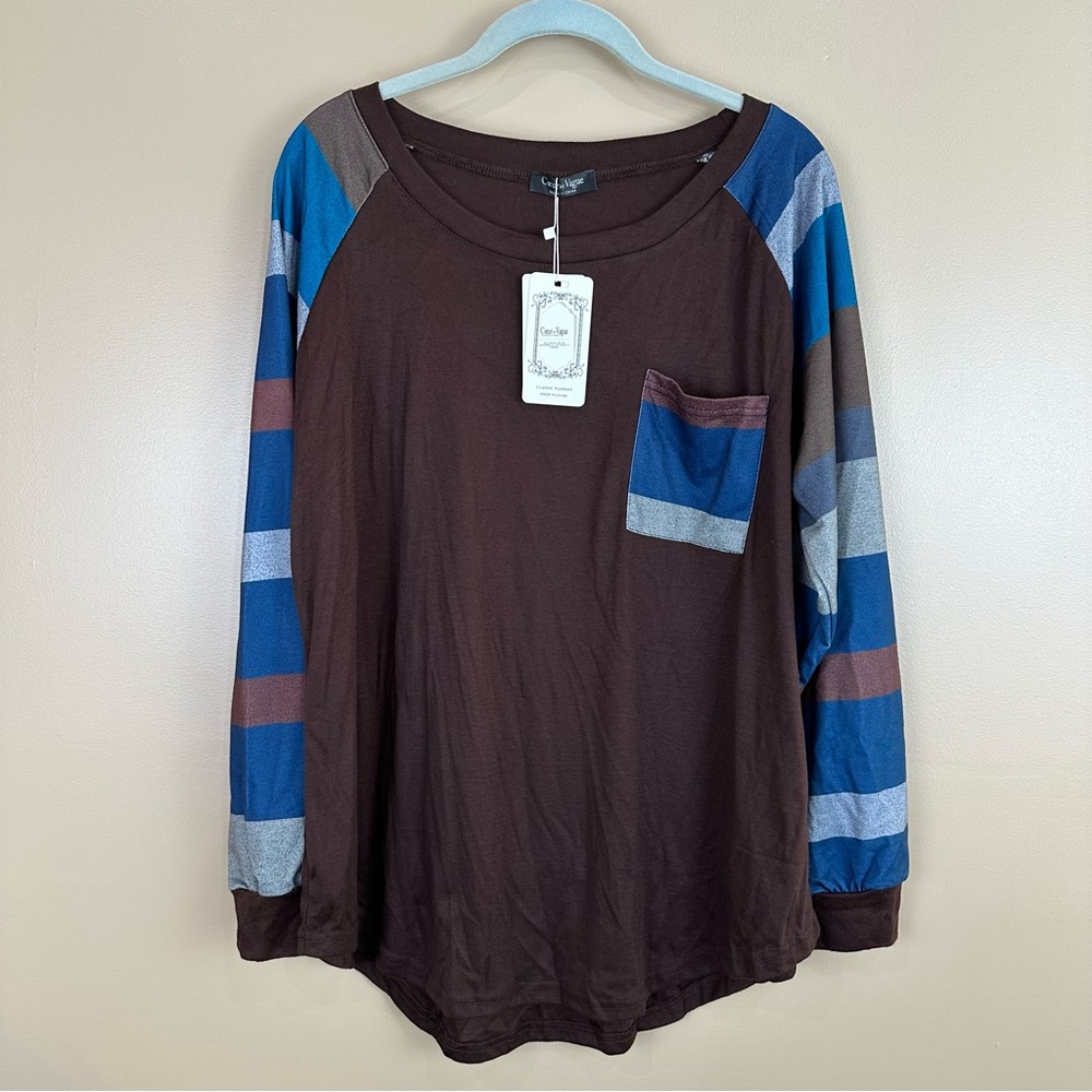 Coeur De Vague Brown & Blue Striped Sleeve Front Pocket Long Sleeve Tunic 1X